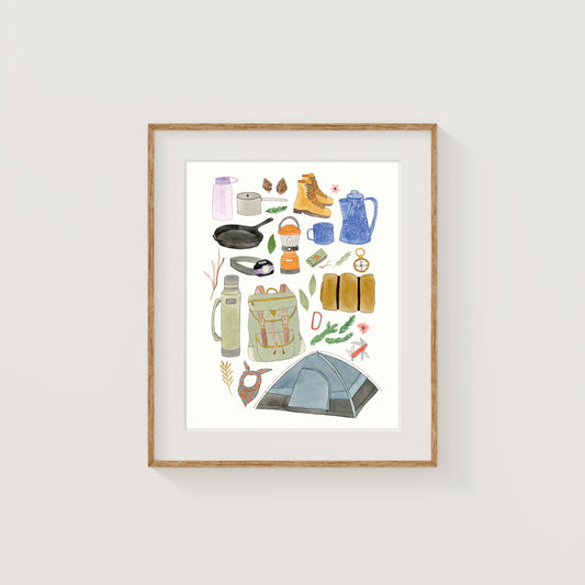 Camping Supplies Collection Art Print | Watercolor and Ink