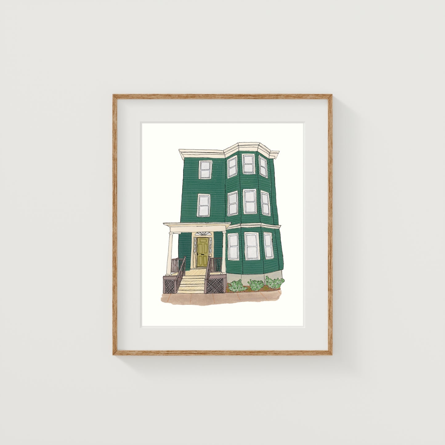 Green Somerville House Art Print | New England | Gouache and Ink