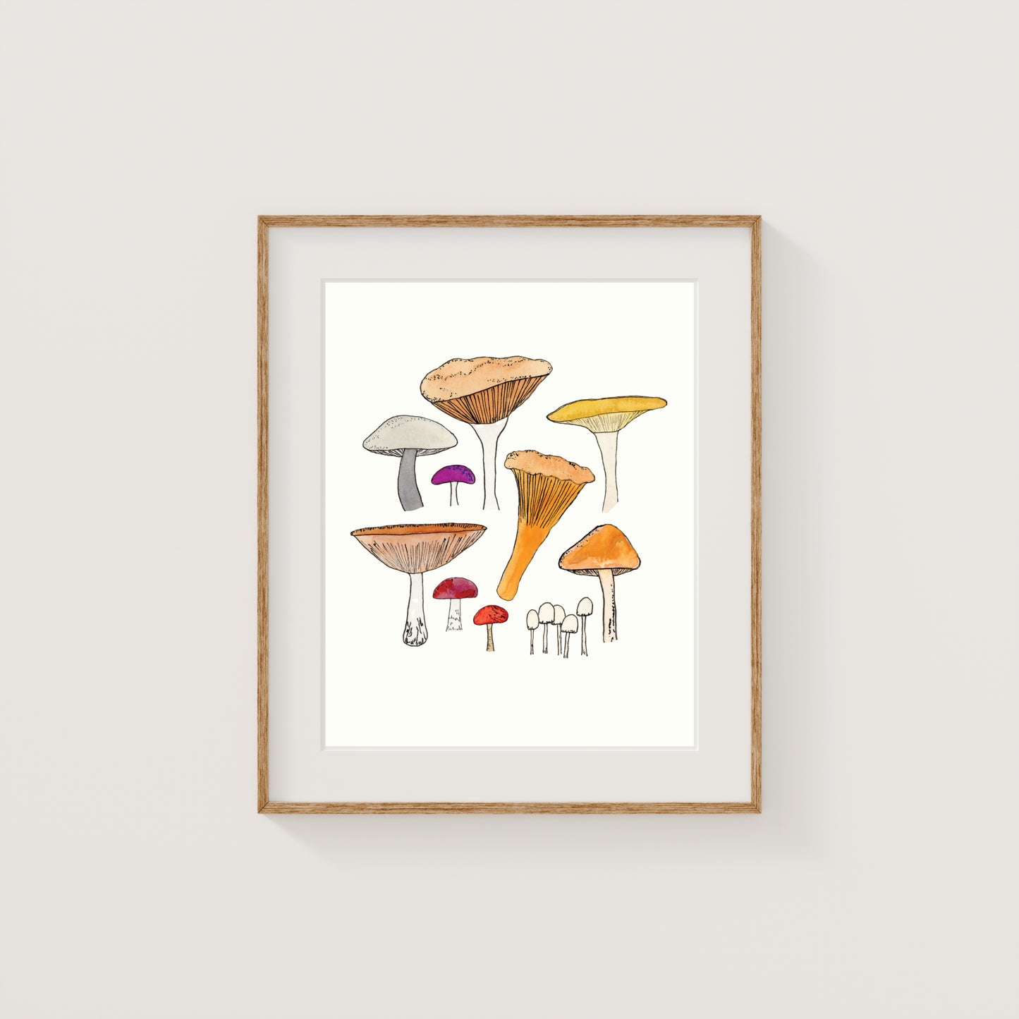 Colorful Mushrooms Art Print | Watercolor and Ink