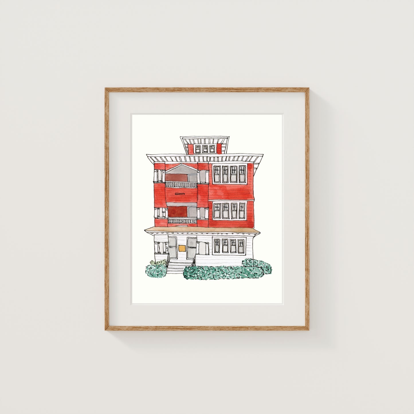 Red Worcester Triple Decker Art Print | New England | Watercolor and Ink