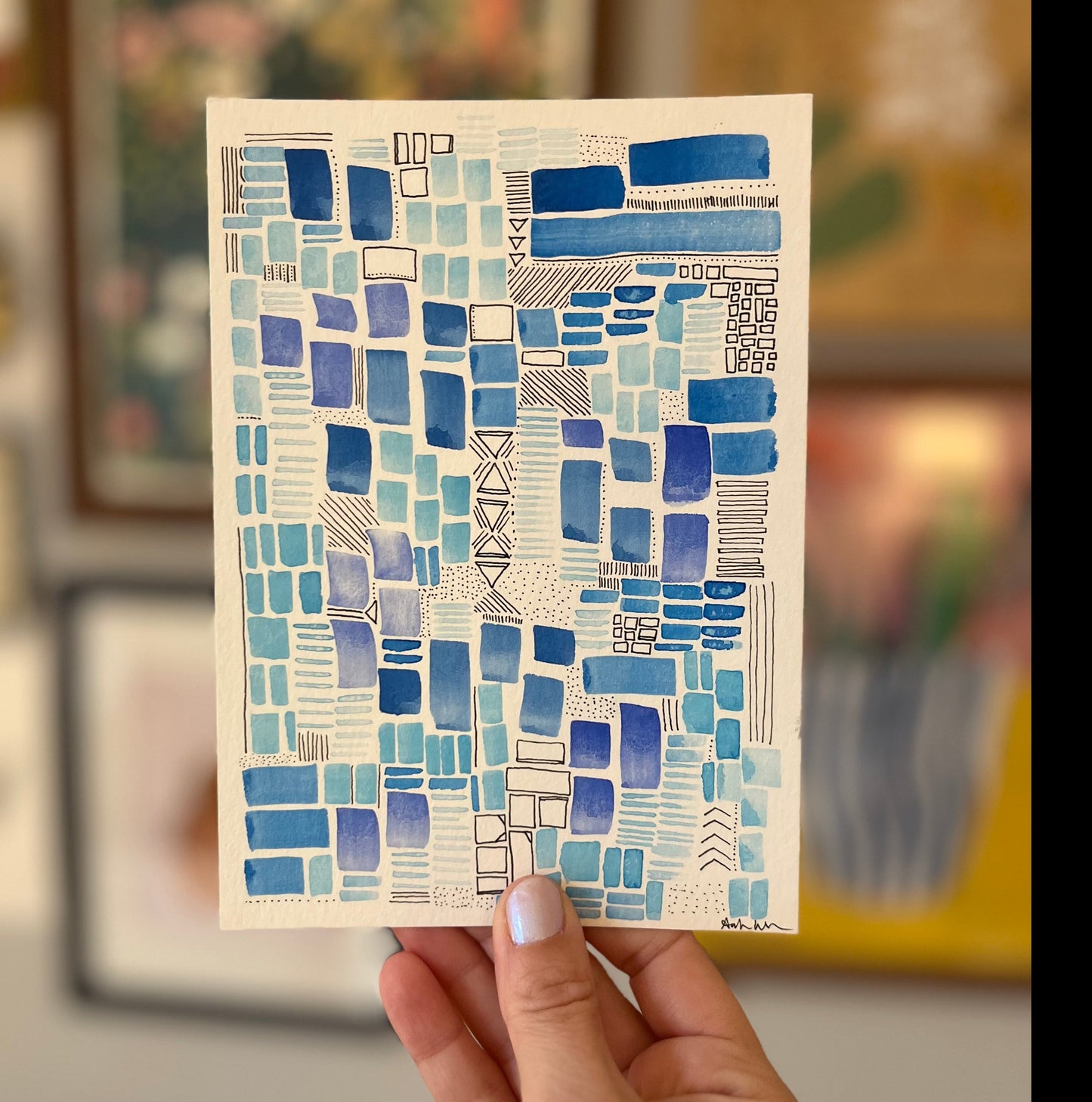 Blue Geometric Watercolor and Ink (Original)