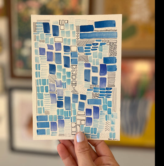 Blue Geometric Watercolor and Ink (Original)