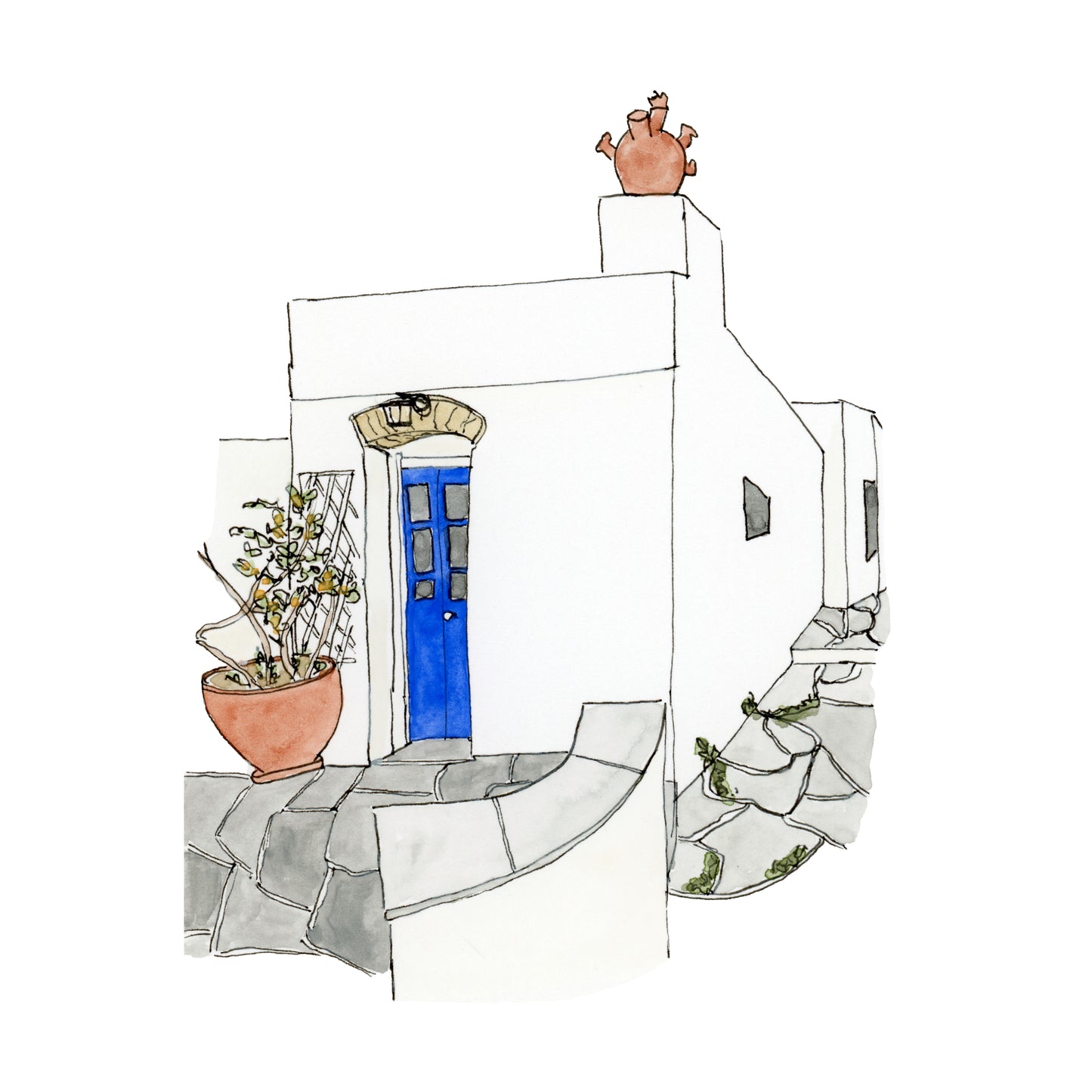 Greece House Art Print | Watercolor and Ink