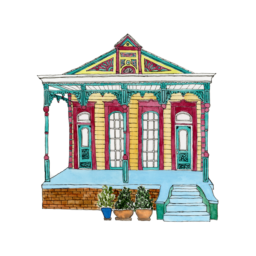 Turquoise and Red New Orleans House Art Print | Watercolor and Ink