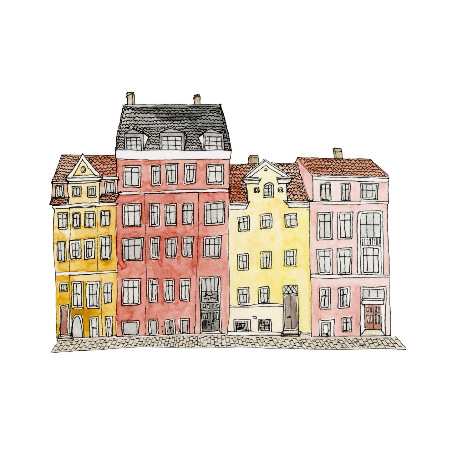 Colorful Norway Buildings Art Print | Watercolor and Ink