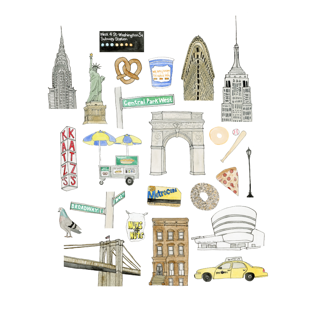 New York City Icons Art Print | Watercolor and Ink
