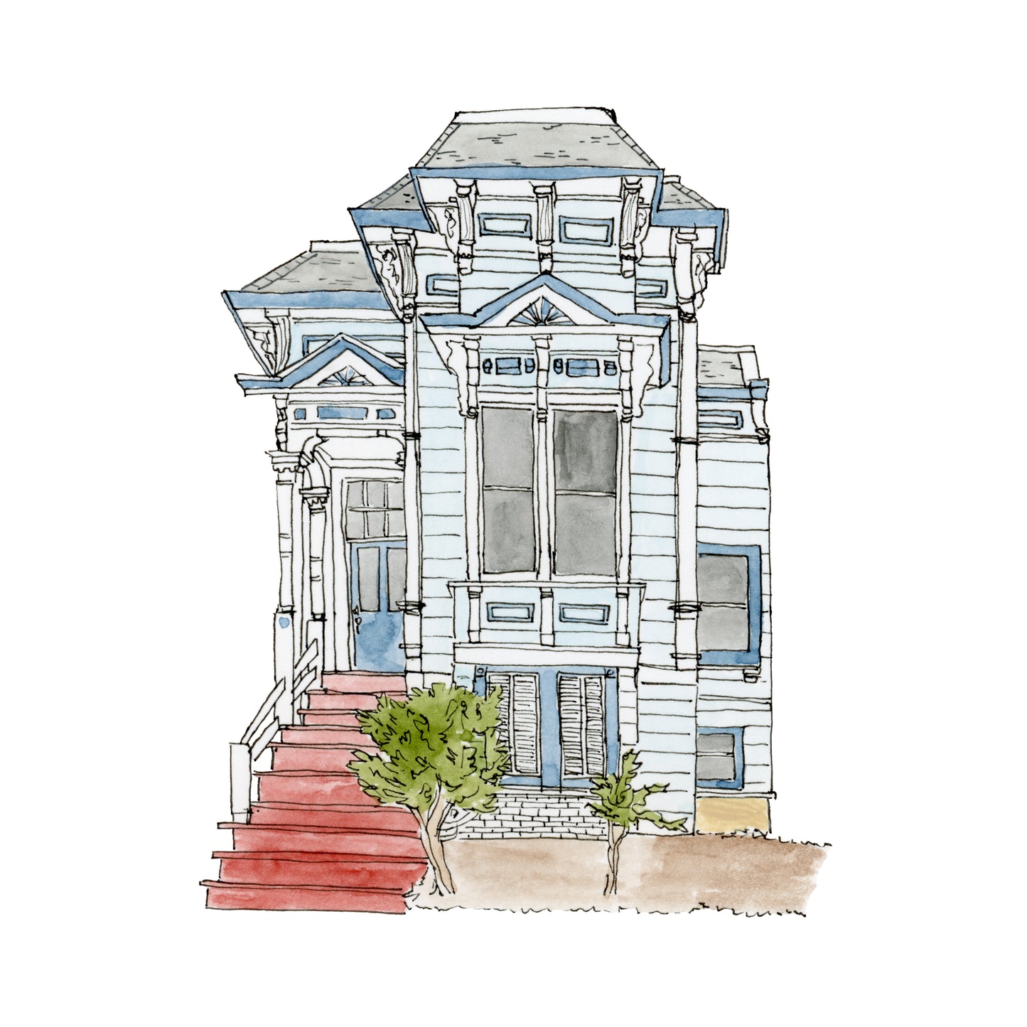 San Francisco Row House Art Print | Watercolor and Ink