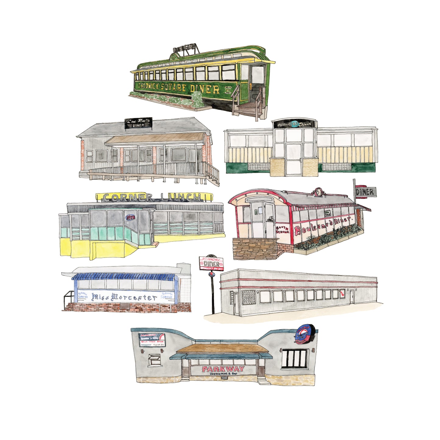 Diners of Worcester Art Print | Watercolor and Ink