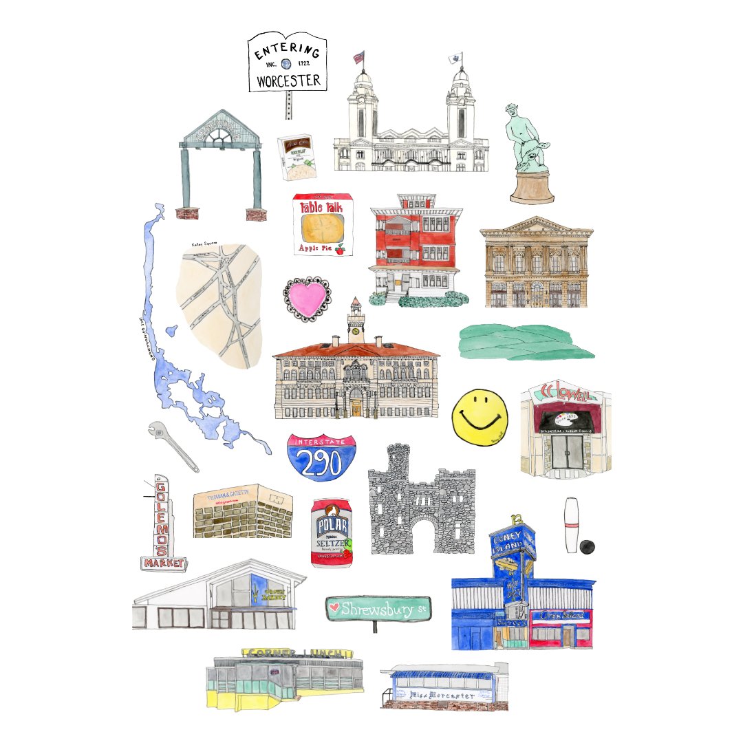 Worcester, MA Icons Art Print | Watercolor and Ink