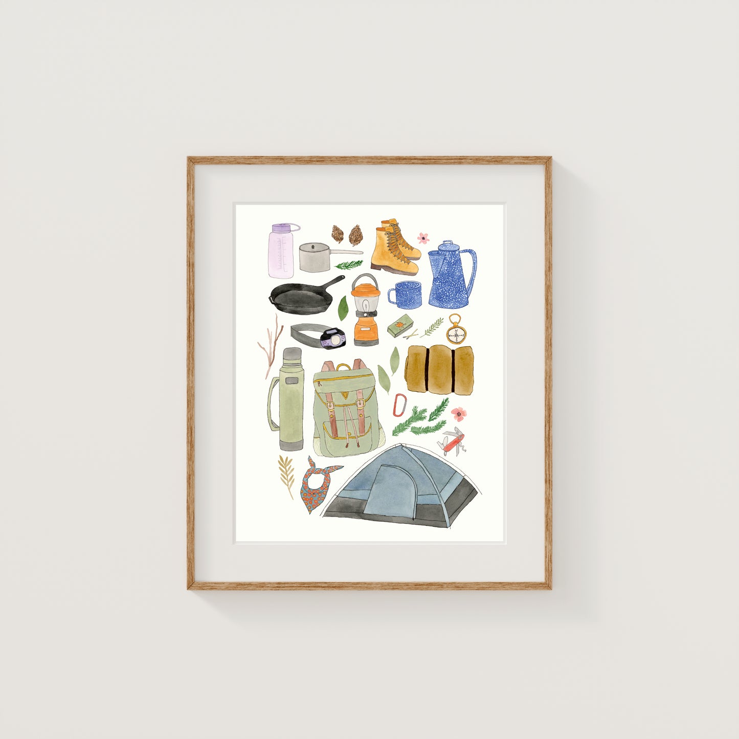 Camping Supplies Collection Art Print | Watercolor and Ink