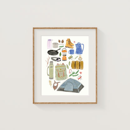 Camping Supplies Collection Art Print | Watercolor and Ink