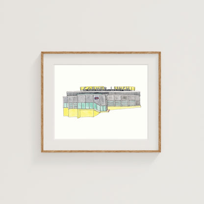 Corner Lunch Diner Art Print | Worcester | Watercolor and Ink