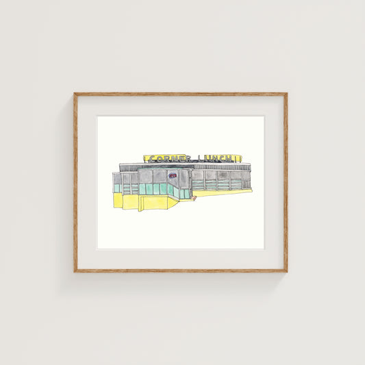 Corner Lunch Diner Art Print | Worcester | Watercolor and Ink