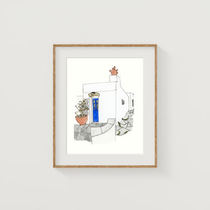Greece House Art Print | Watercolor and Ink