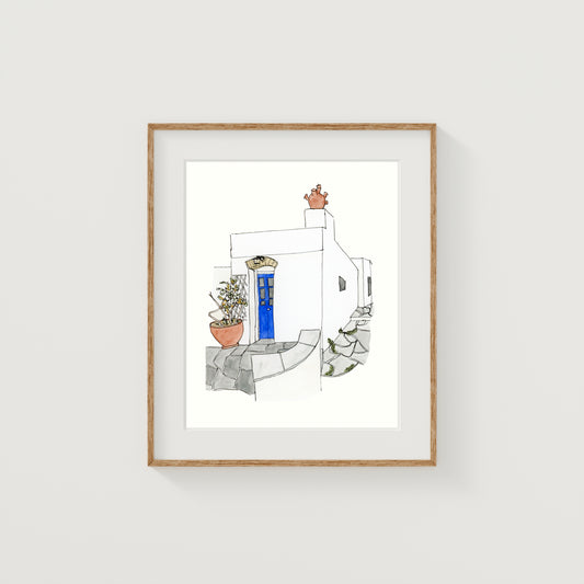 Greece House Art Print | Watercolor and Ink