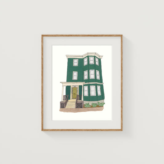 Green Somerville House Art Print | New England | Gouache and Ink