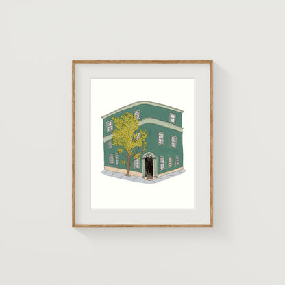 Green London House Art Print | Gouache and Ink