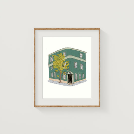 Green London House Art Print | Gouache and Ink