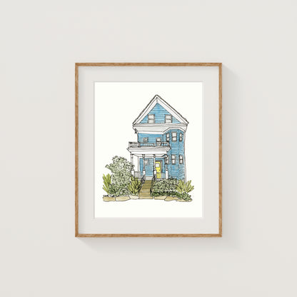 Blue Somerville House Art Print | Watercolor and Ink