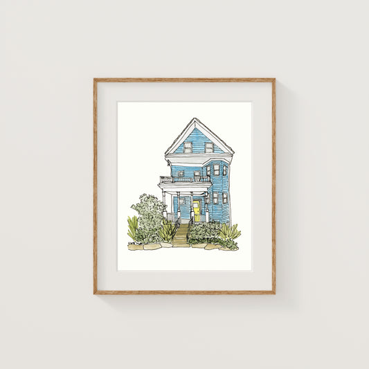 Blue Somerville House Art Print | Watercolor and Ink
