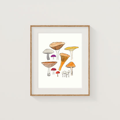 Colorful Mushrooms Art Print | Watercolor and Ink