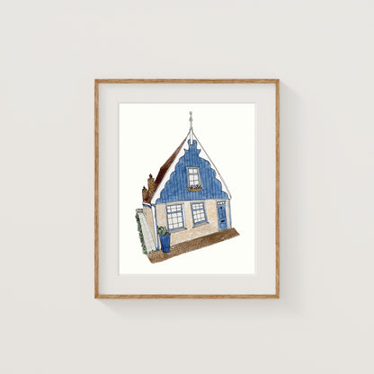 Blue Netherlands House Art Print | Watercolor and Ink