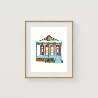 Turquoise and Red New Orleans House Art Print | Watercolor and Ink