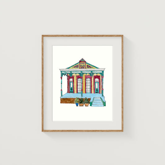 Turquoise and Red New Orleans House Art Print | Watercolor and Ink