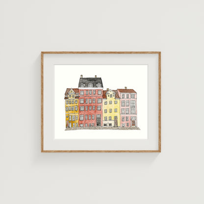 Colorful Norway Buildings Art Print | Watercolor and Ink
