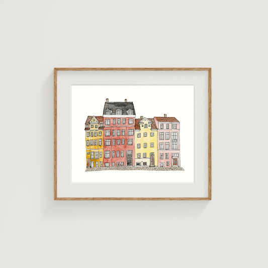 Colorful Norway Buildings Art Print | Watercolor and Ink