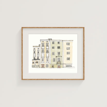 Salzburg, Austria City Street Scene Art Print | Watercolor and Ink