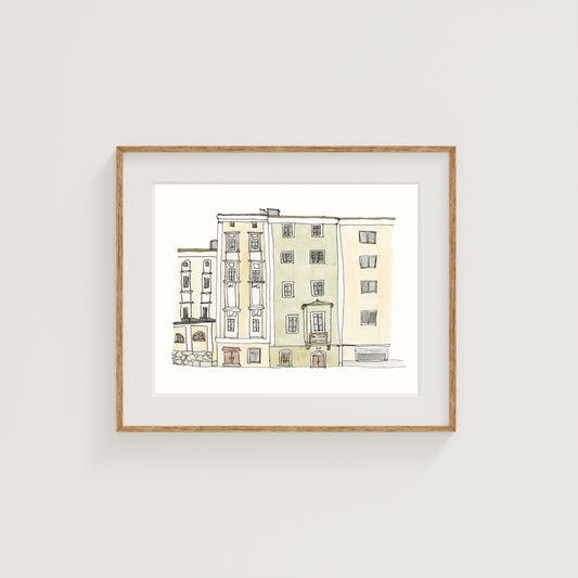 Salzburg, Austria City Street Scene Art Print | Watercolor and Ink