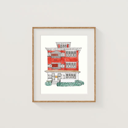 Red Worcester Triple Decker Art Print | New England | Watercolor and Ink