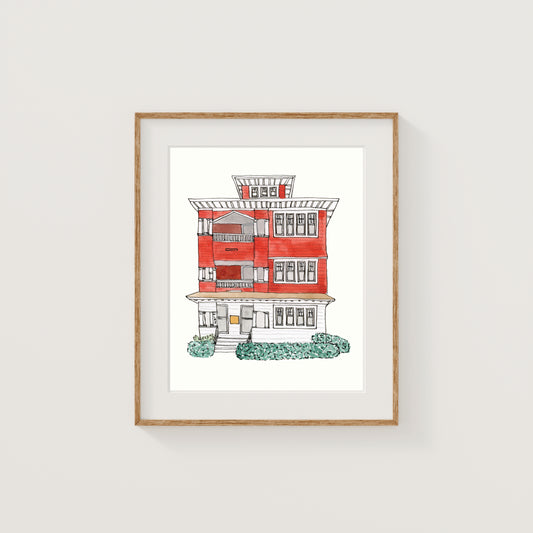 Red Worcester Triple Decker Art Print | New England | Watercolor and Ink