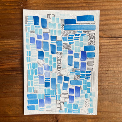 Blue Geometric Watercolor and Ink (Original)