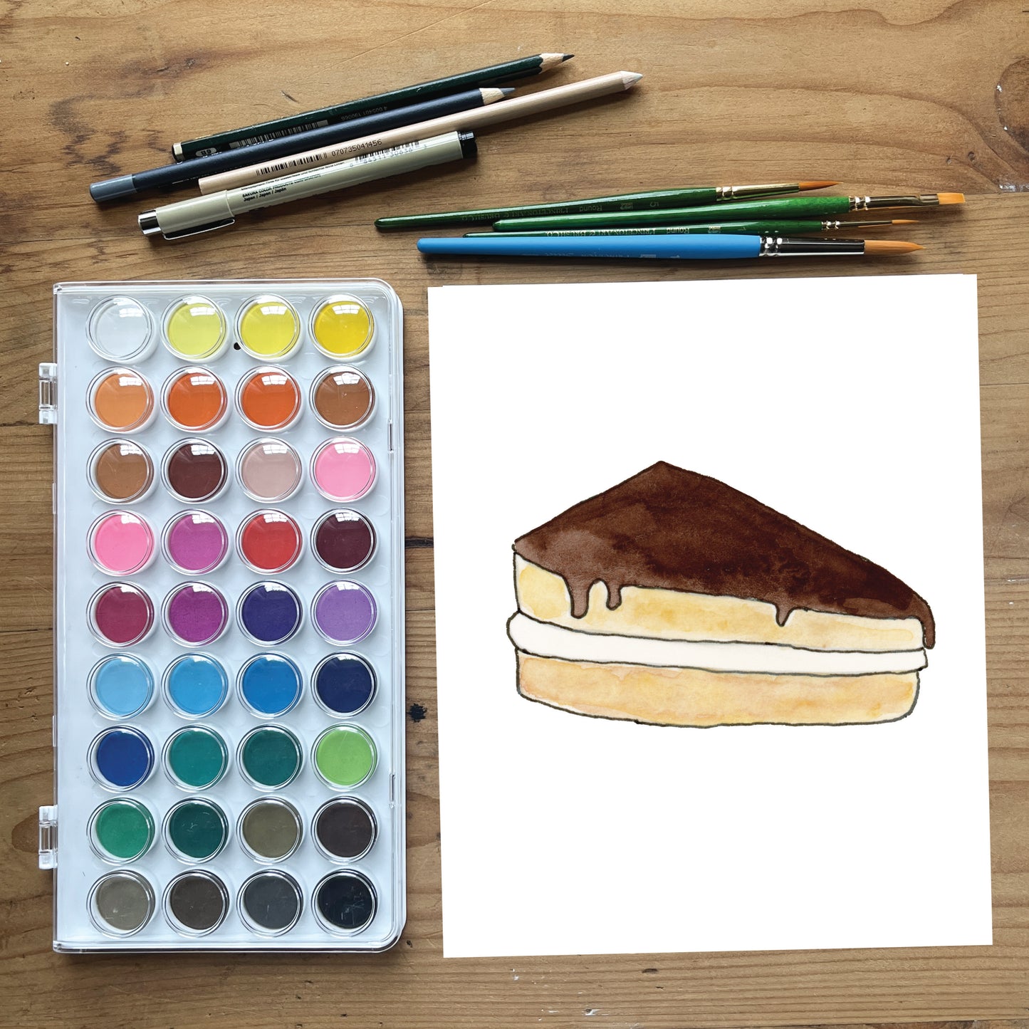 Boston Cream Pie Slice | New England Food | Watercolor and Ink