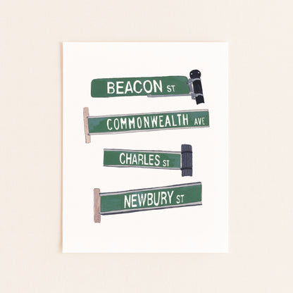 Boston Street Signs Art Print | Gouache and Ink