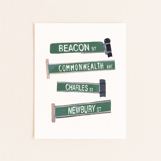 Boston Street Signs Art Print | Gouache and Ink