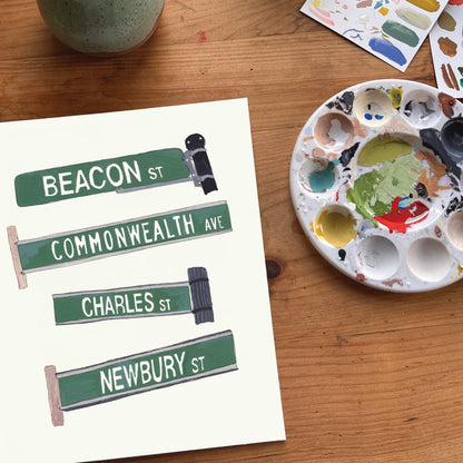 Boston Street Signs Art Print | Gouache and Ink