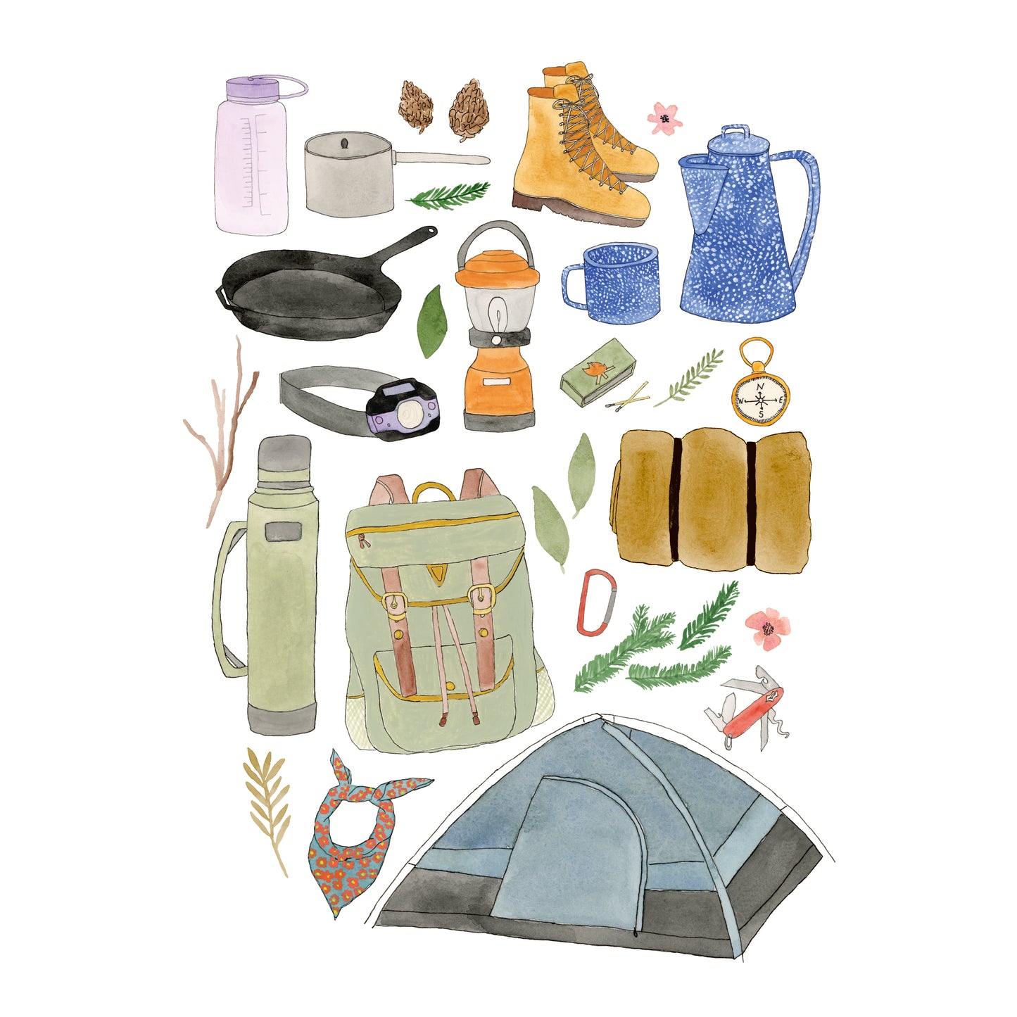 Camping Supplies Collection Art Print | Watercolor and Ink