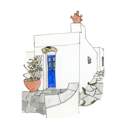 Greece House Art Print | Watercolor and Ink