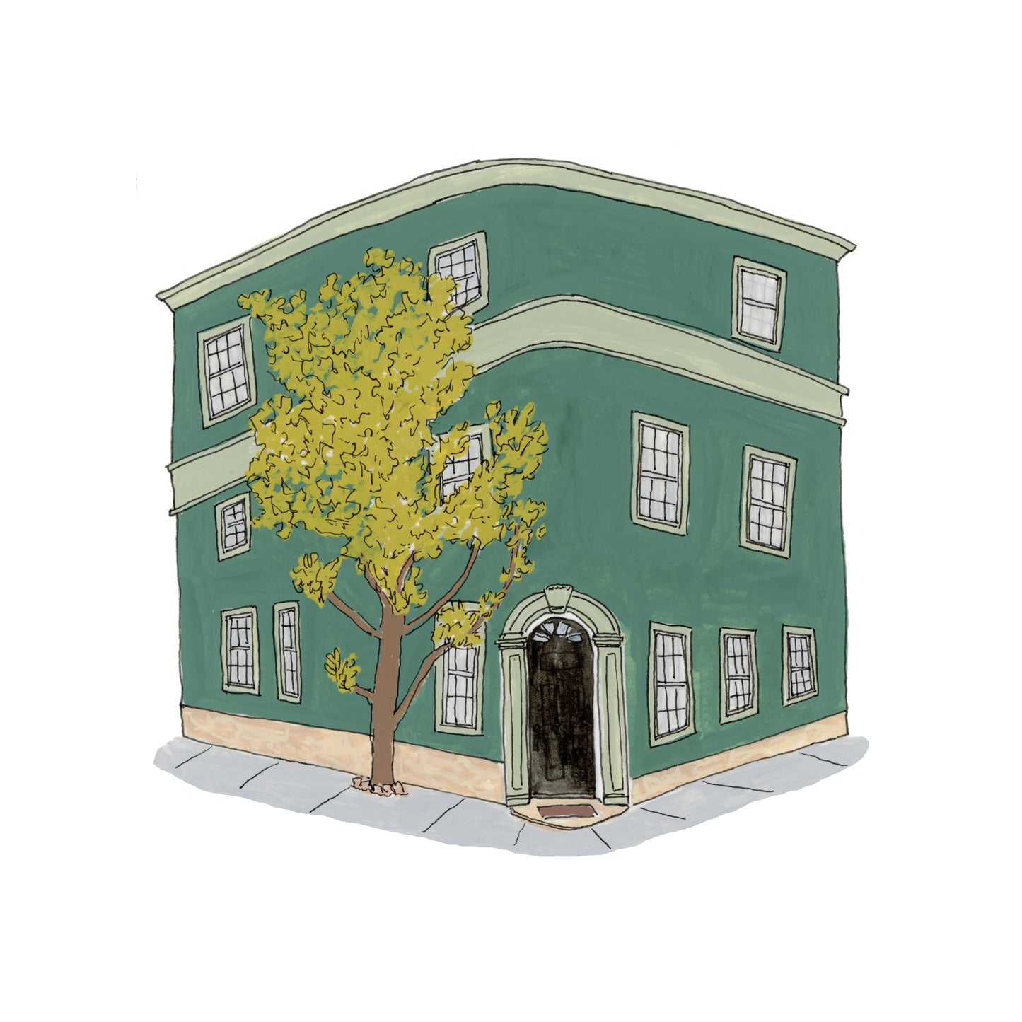 Green London House Art Print | Gouache and Ink