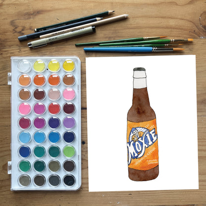 Moxie Soda Bottle | New England Food | Watercolor and Ink