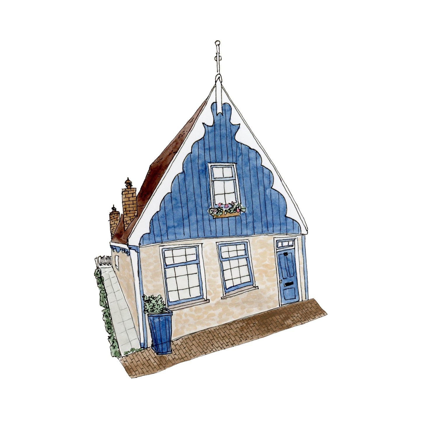 Blue Netherlands House Art Print | Watercolor and Ink