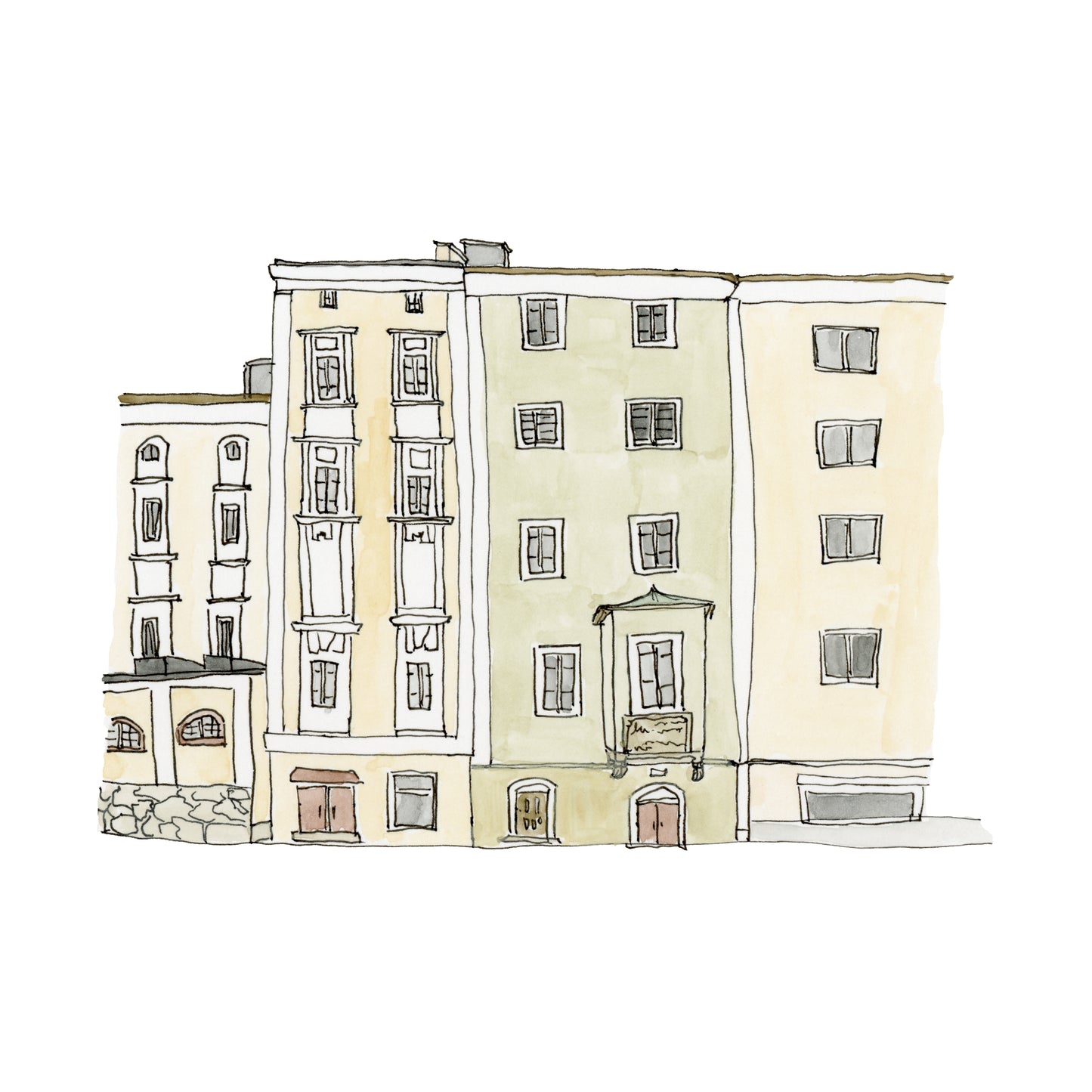 Salzburg, Austria City Street Scene Art Print | Watercolor and Ink