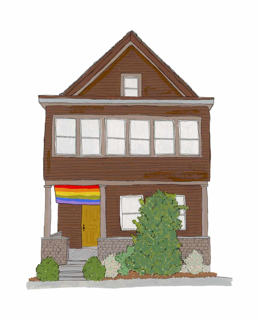 Brown Somerville House Art Print | New England | Gouache and Ink