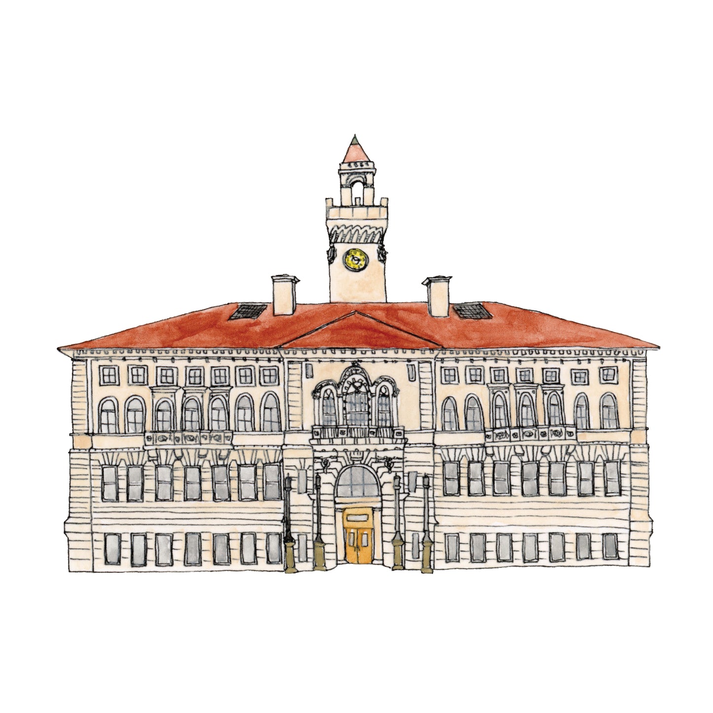 Worcester City Hall Art Print | Watercolor and Ink